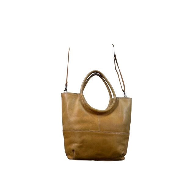 Chaos Tan Leather Crossbody Strap Circular Handles & Snap Closure Tote Bag - Picture 9 of 10
